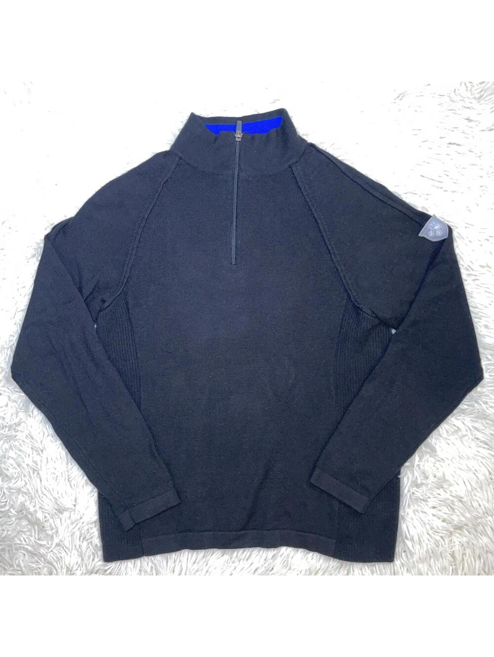 Meister Black Wool Spandex Sweater Pull Over 1/4 Front Zip Sleeve Logo Men’s M